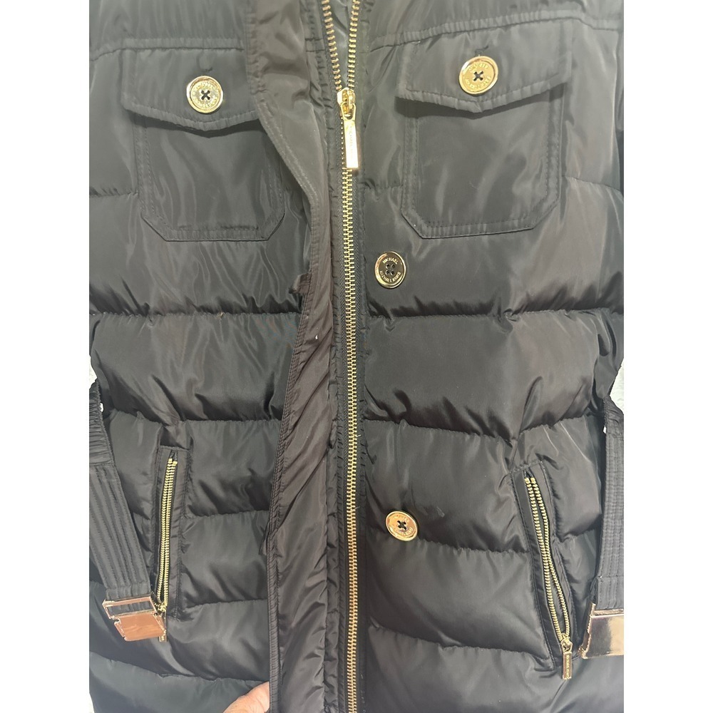 Michael Kors Black Belted Puffer Coat Jacket Gold Hardware Womens PM Petite Med - Picture 3 of 7